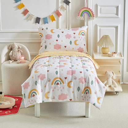 Joyreap 4 Piece Toddler Bedding Set for Girls- Pink n Yellow Clouds Moon Rainbow Lovely Design, Microfiber Toddler Bedding Comforter Set for All Seasons