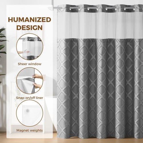 downluxe No Hook Shower Curtain with Snap in Liner,Grey Waffle Fabric Shower Curtain Set for Bathroom,Hotel Style Double-Layer Waterproofing Curtains 71W x 74L