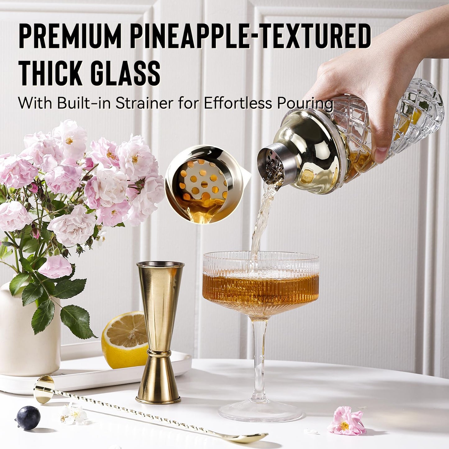 Cocktail Shaker Set with Coupe Glasses – 5-Piece Gift Set Includes Pineapple Glass Shaker with Gold Lid, Jigger, Bar Spoon & 2 Ribbed Gold-Rimmed Glasses – Bartender Kit for Home Bar