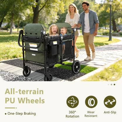 Kinder King Wagon Stroller for 4 Kids, All-Terrain Foldable Outdoor Stroller Wagon 4 Seater, Removable Canopy, Adjustable Handle, Detachable Tray, Large Storage, Green