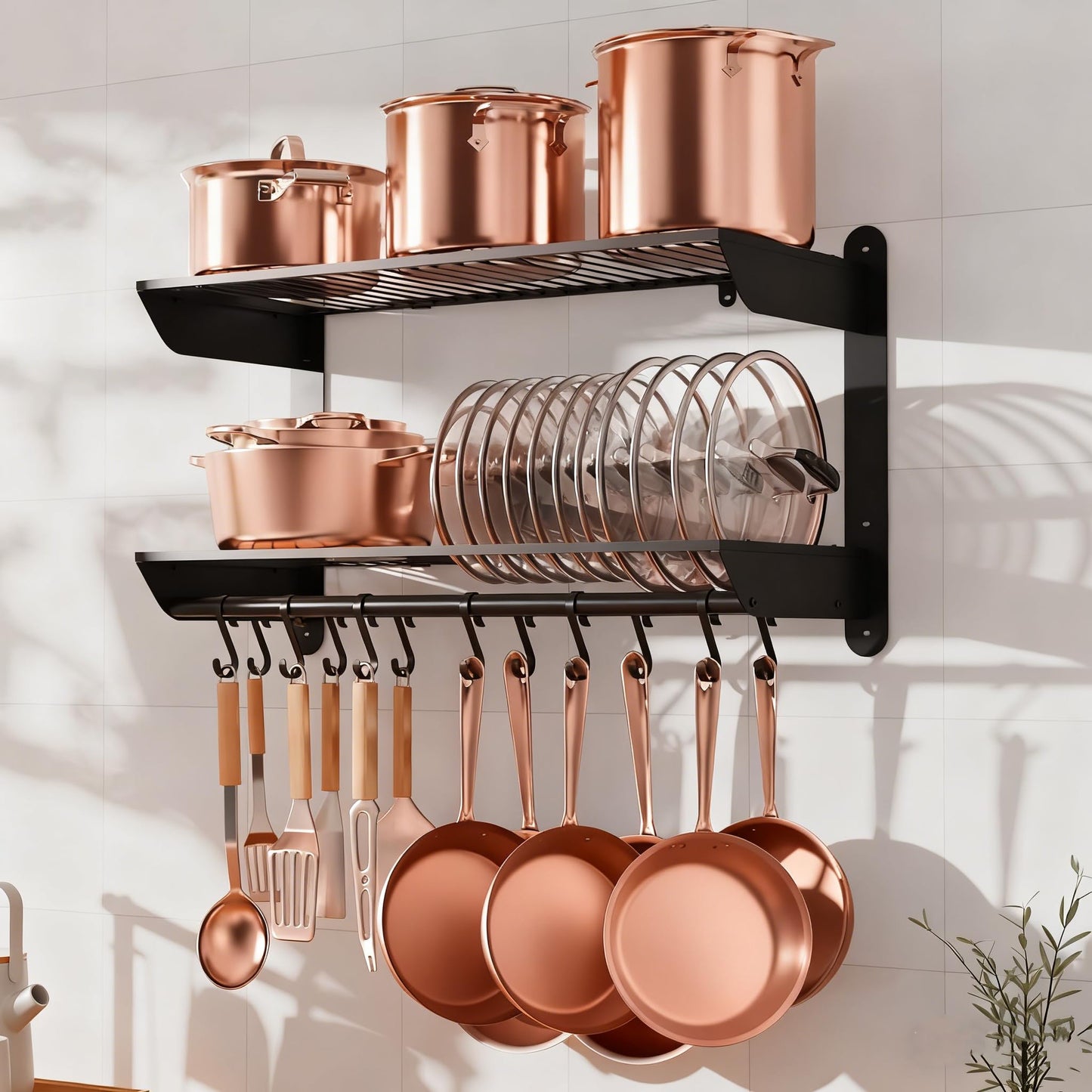 YIGII Pot and Pan Organizer with 12 Anti-Drop Hooks, 2 Tier Heavy Duty Pot Rack Wall Mounted, Kitchen Cookware Utensils Hanger Organizers and Storage