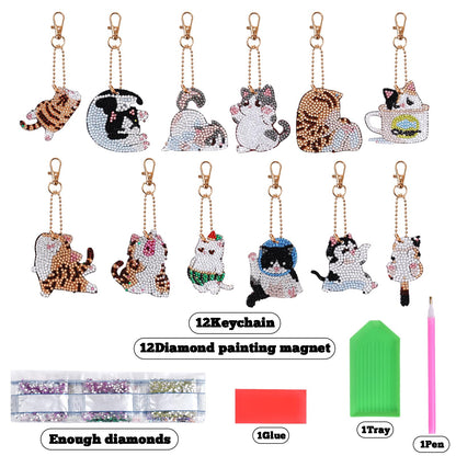 12 PCS Diamond Painting Magnets Kits Cat Fridge Magnet Refrigerator Stickers Diamond Art Painting Gem Keychains Painting kit for Beginners Adult DIY Art Craft Gift Home Decor