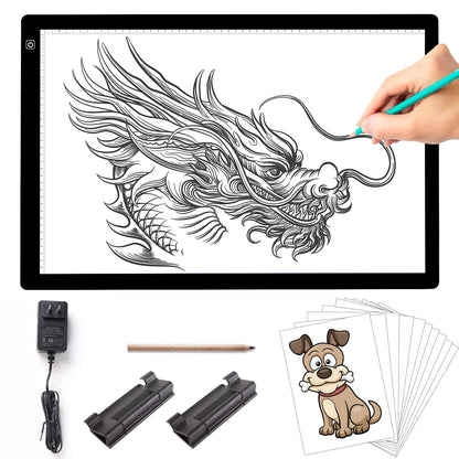 TOHETO A2 Artist Tracing Light Pad with 2 Clips, 12V2A Adapter Power Stepless Dimmable Brightness Large Artcraft Light Box Copy Board for Diamond Painting Weeding Vinyl Tattoo Drawing (23.7''x15.8'')