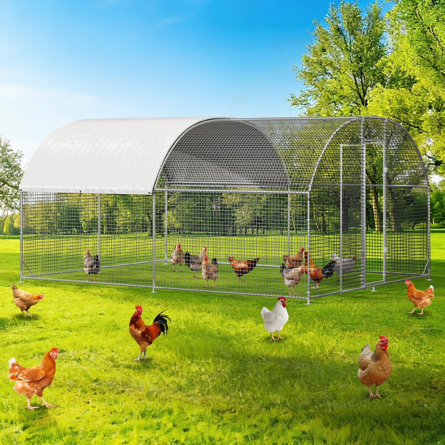 LEVELEVE Large Walk-in Chicken Coop with Chicken Run, Galvanized Poultry Enclosure with Waterproof Anti-UV Cover and Security Lock, Ideal for Rabbit, Duck, Backyard and Farm Yard，13.1'x 9.8'x 6.6'