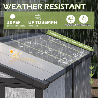 DNYKER 4 x 6 FT Resin Outdoor Storage Shed, All-Weather Plastic Garden Shed with Floor, Lockable Doors & Windows, Plastic Tool Shed for Poolside, Patio, Backyard