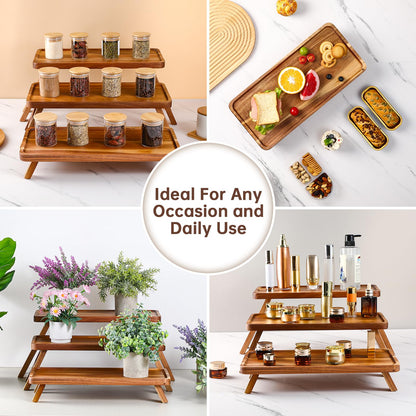 3 Tiered Serving Tray 17 Inch Wooden Cupcake Stand Foldable Dessert Table Display Set Decor Charcuterie Boards Rustic Wood Platters Trays for Party Food Display