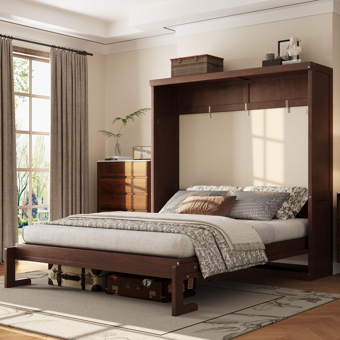 Full Murphy Bed Space-Saving Wall Bed, can be Folded into a Cabinet Bed for Multipurpose Guest Room or Home Office, Espresso