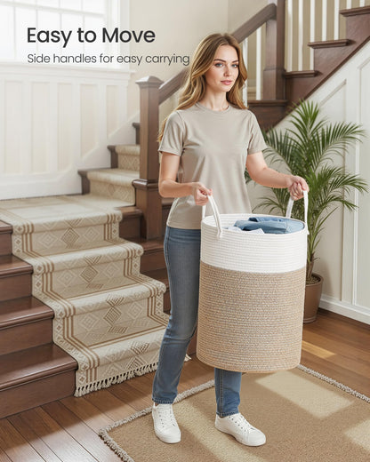 SONGMICS Laundry Hamper, Cotton Rope Laundry Basket with Handles, for Children, Toys, Clothing, Living Room, Bedroom, 15.8 Gallons, 13.8 x 13.8 x 19.7 Inches, White and Grayish Brown URLH061LZ01