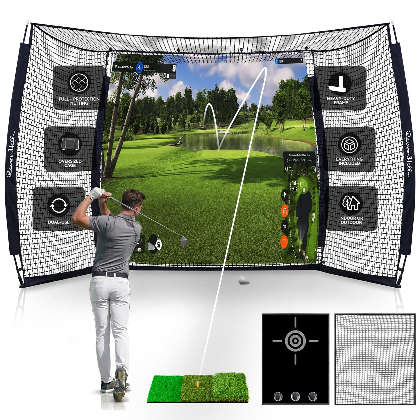 Golf Cage with Impact Screen, 10x8 Ft Golf Hitting Net w/Sound-Dampening Cloth, Practice Mat, Golf Simulator Enclosure, Indoor & Outdoor Driving Chipping Equipment for Home, Backyard & Garage