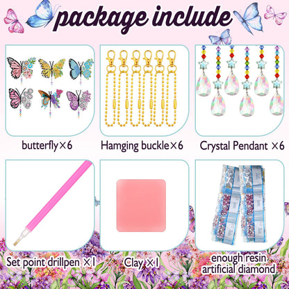 Tradder 6 Pcs Spring Butterfly Diamond Painting Wind Chimes Diamond Painting Suncatcher Art Kit Double Sided Butterfly Ornaments 5d Rhinestone for Spring Home Garden