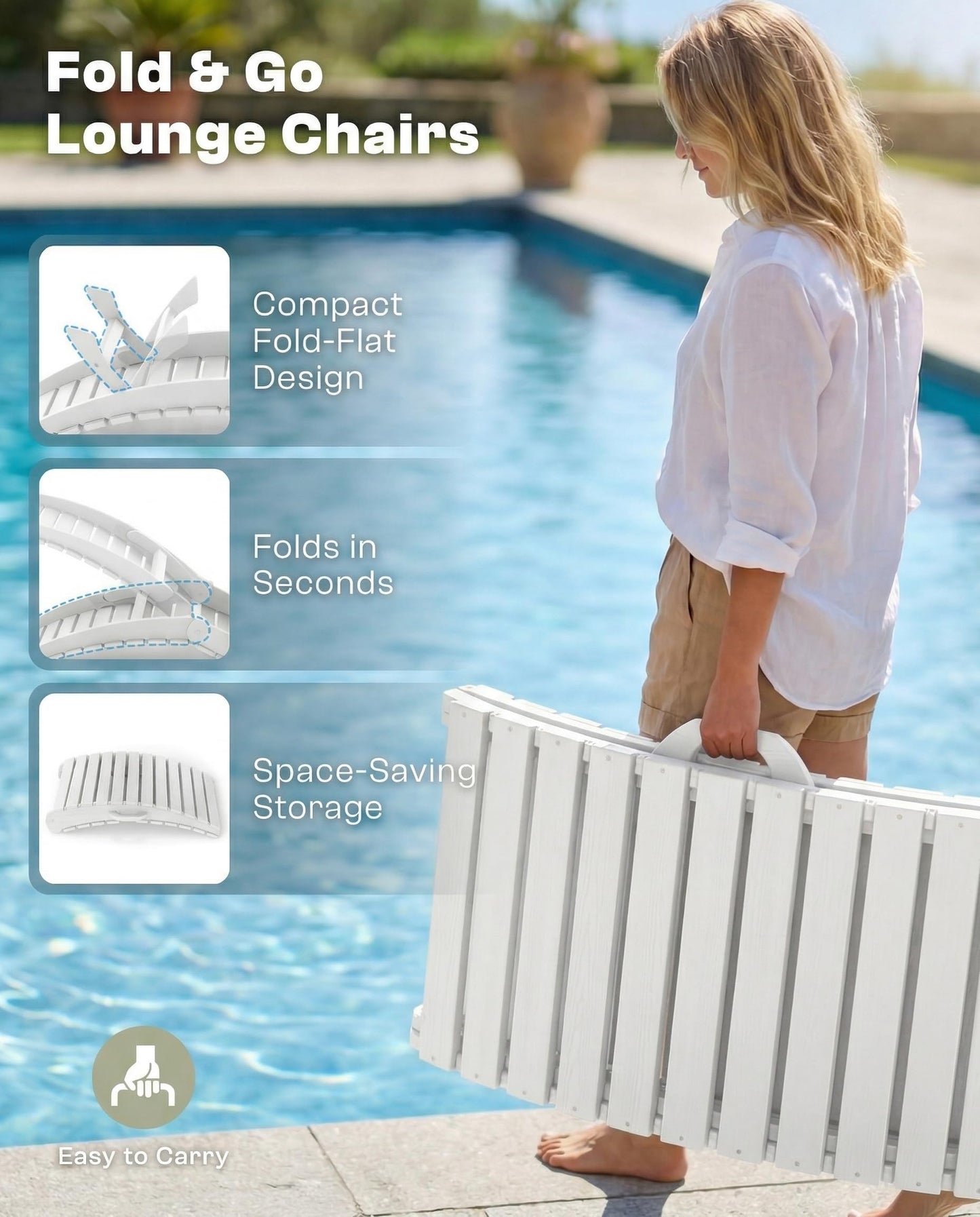 Tobeos Folding HDPE Pool Lounge Chairs Set of 2, Pre-Assembled Outdoor Chaise Lounge with Cup Holder for Poolside, Tanning Ledge, Pool Deck or Beach, Sandbag Not Included (White)