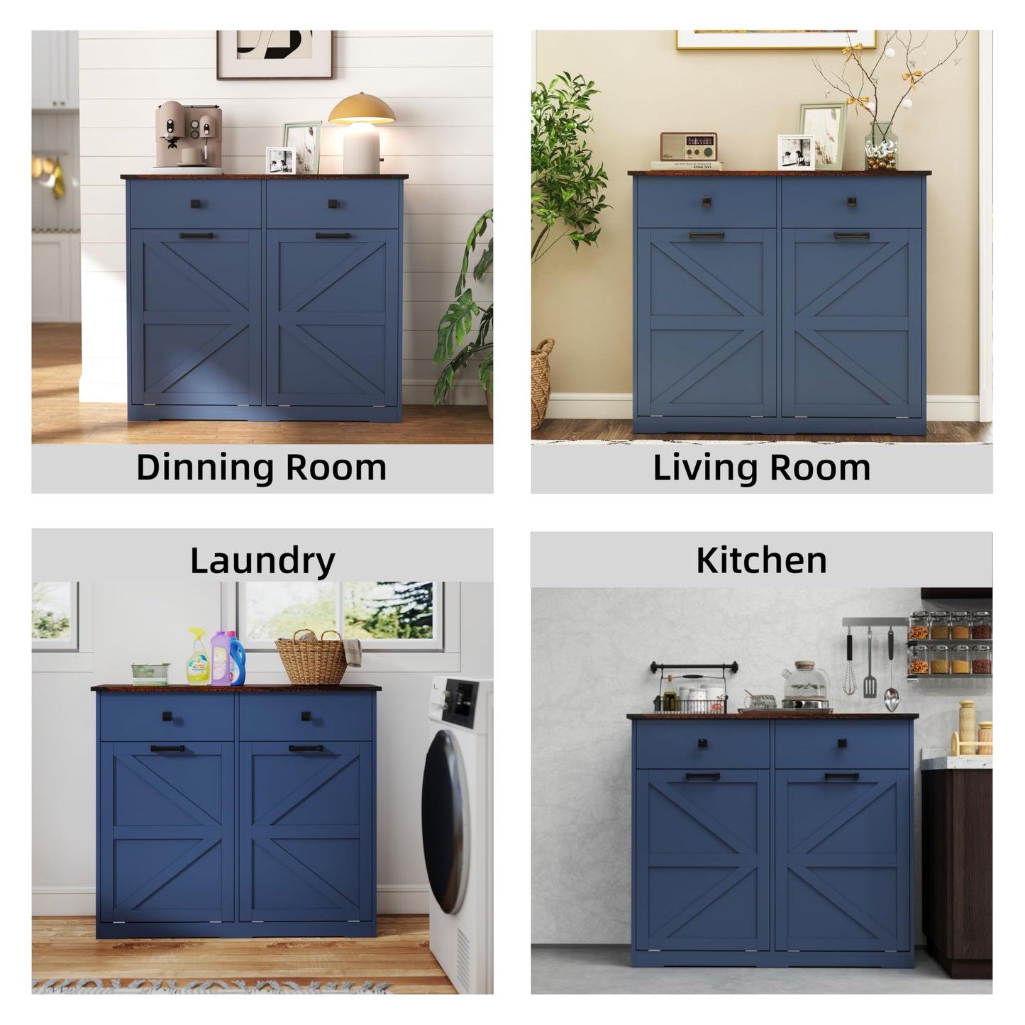 Blue Double Tilt Out Trash Cabinet for 20 Gallon Trash Cans, Free Standing Recycling Cabinet with Hideaway Drawer, Barn Door Style Laundry Sorter Cabinet, Tilt Out Trash Cabinet for Kitchen