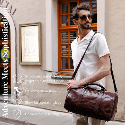Time Resistance Full Grain Leather Small Duffel Bag - Gym Weekender Overnight Bag (Brown)