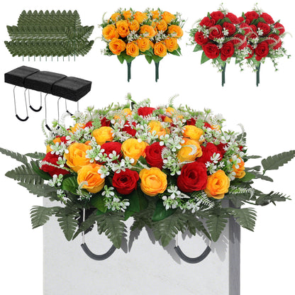 Lodou Artificial Cemetery Flower Saddles for Graves – 10 Pcs Silk Fern & 40 Realistic Rose Blossoms with Metal Headstone Holder –Resistant Memorial Flowers for Tombstone Decor (Red Yellow)