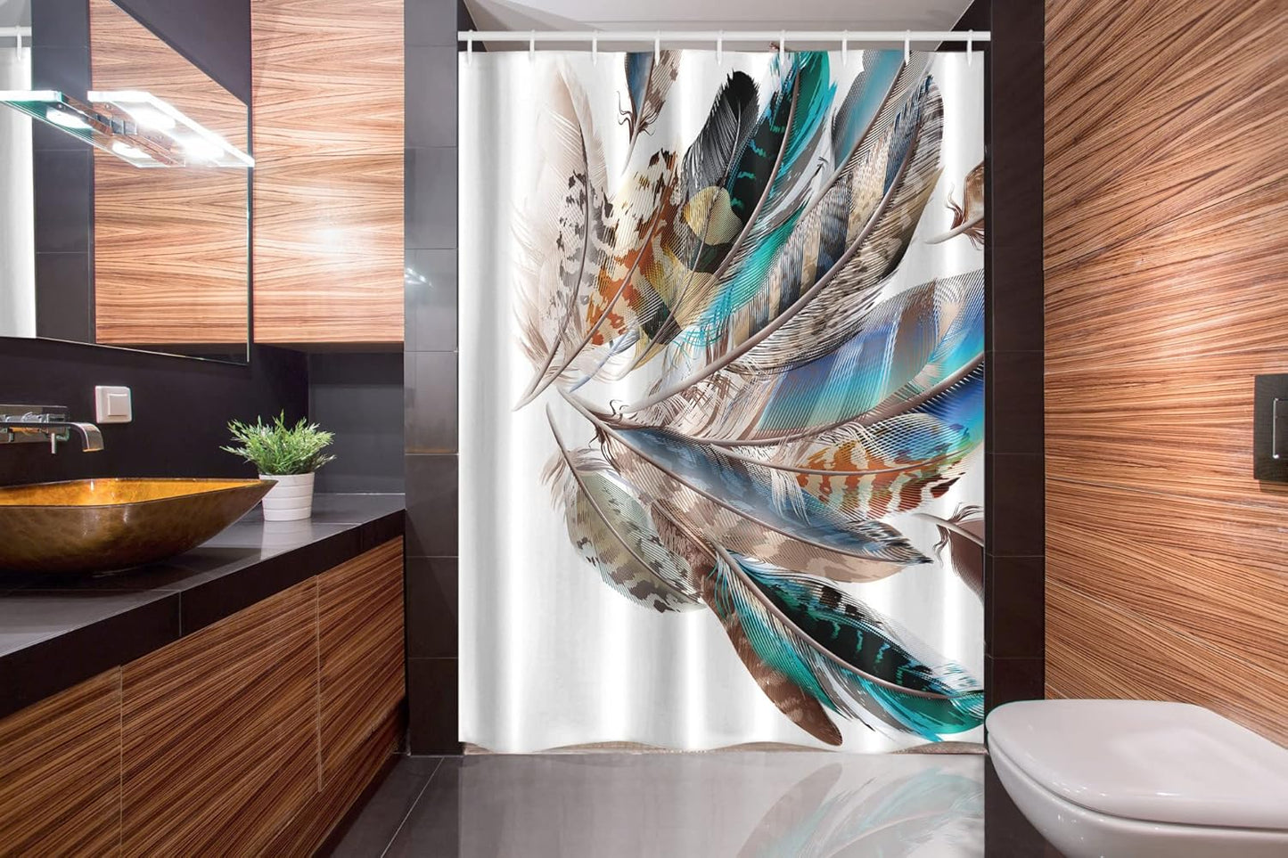 Ambesonne Feathers Stall Shower Curtain, Bird Feathers Print, Fabric Bathroom Decor Set, 54" X 78", Teal Brown