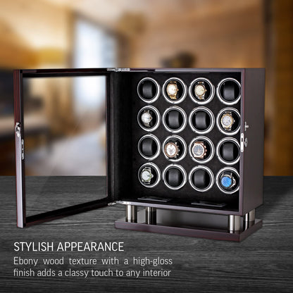 16 Watch Winder for Automatic Watches with LED Light and Coordinated Rotor Stop (Ebony)