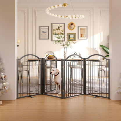 BHG Metal No-Assembly Freestanding Dog Gate with Door Walk Through, Extra Wide 96", Extra Tall 32" Pet Gate, Accordion Puppy Folding Playpen Dog Fence, with 2PCS Support (Black, 4 Panels)