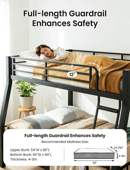 Mixcous Full XL Over Queen Bunk Bed for Adults, Heavy Duty Metal Queen Bunk Bed Frame with Reinforced Steel Slats, Full-Length Guardrails & Anti-Slip Ladder, Noise-Free, No Box Spring Needed, Black