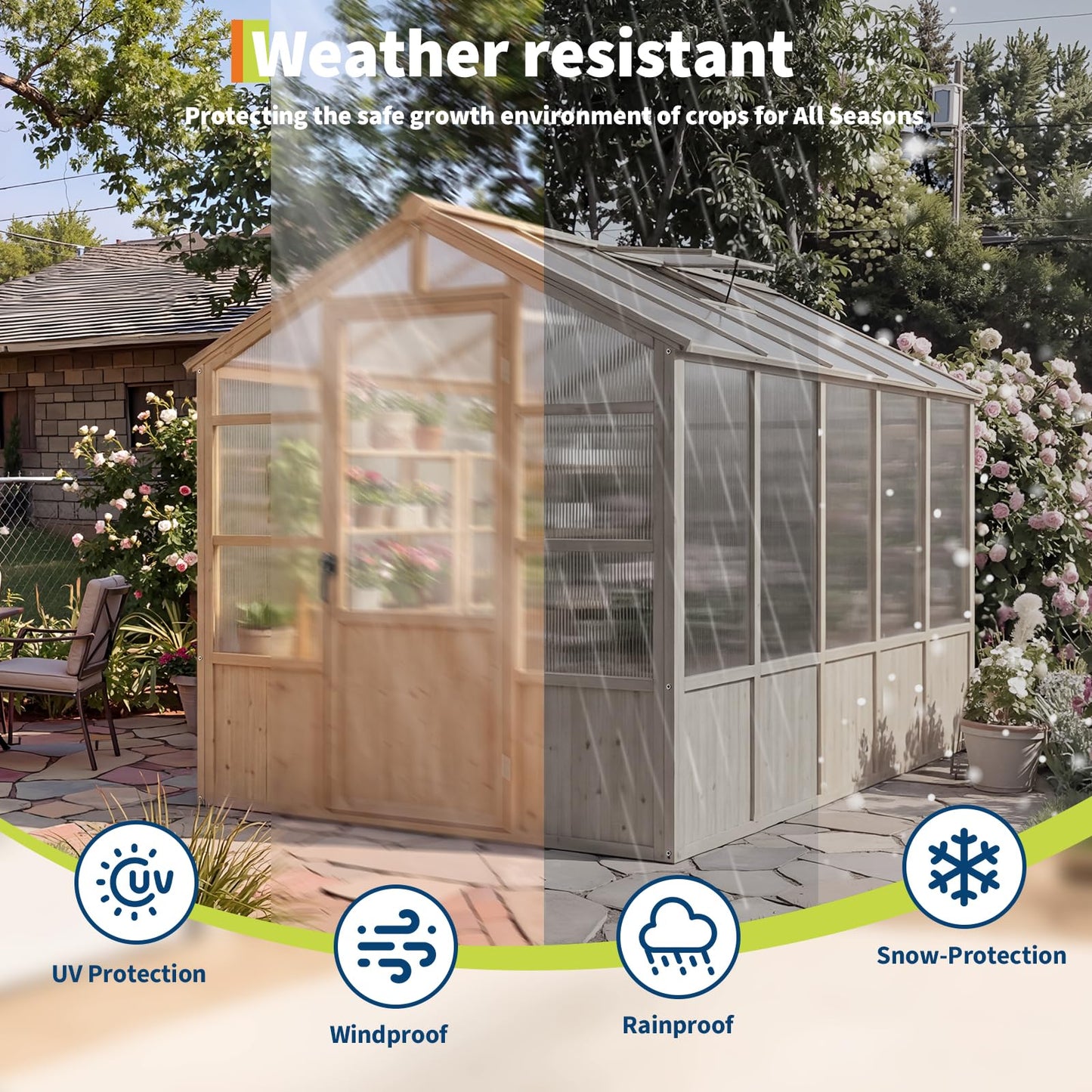 Wooden Greenhouse Kit with 4mm Polycarbonate Panels & 2 Adjustable Ventilation - Heavy Duty Wood Large Outdoor Greenhouse with Lockable Door for Garden, Backyard, Patio, Lawn Walk-in Green House