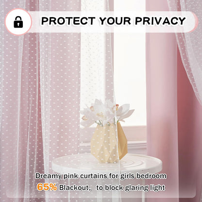MYSKY HOME Pink Blackout Curtains - Double Layer Polka Dot Drapes for Girls' Bedroom | 52x84 Inch, 2 Panels