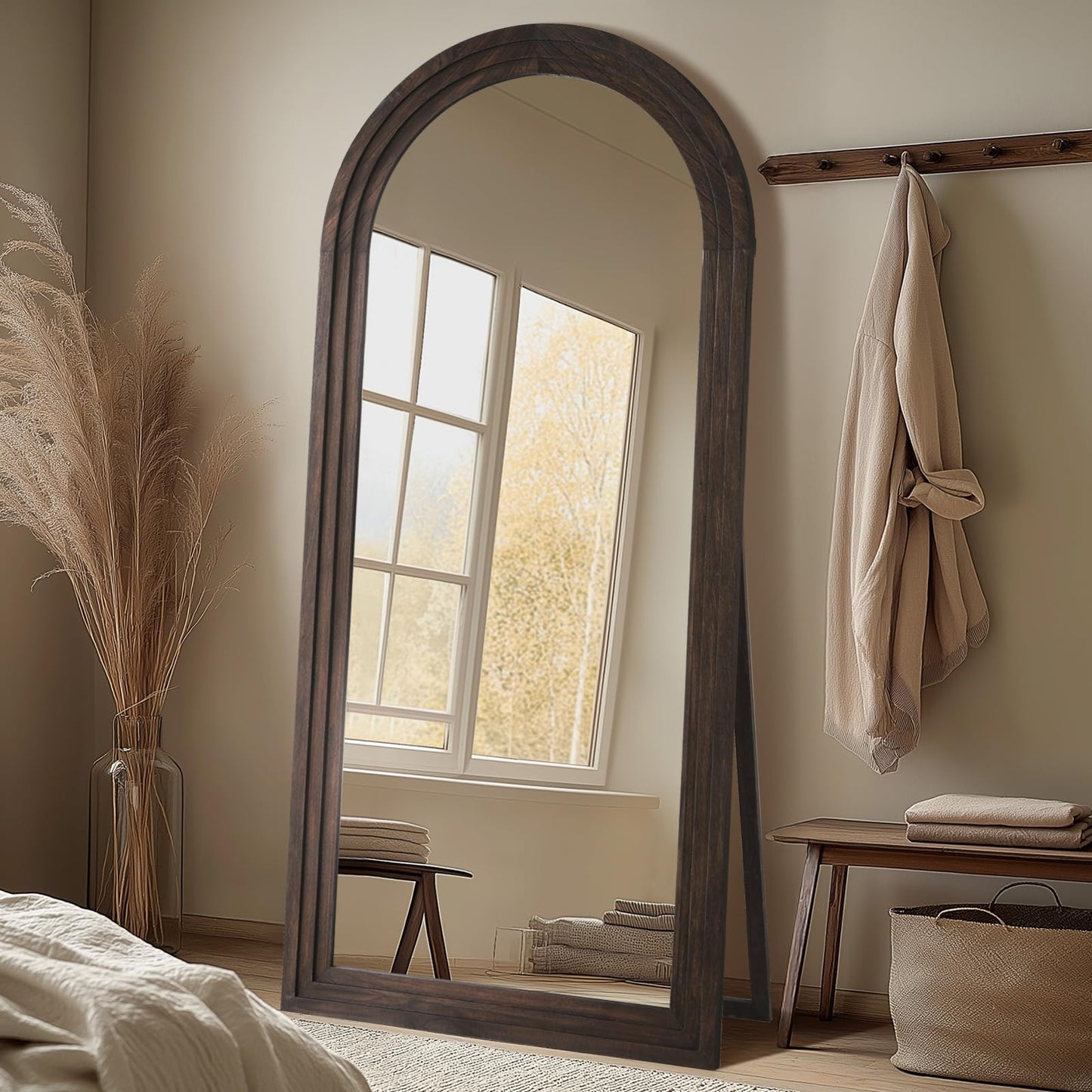 MELOMOIR Arched Full Length Mirror with Solid Wood Frame, 71"x32" Rustic Farmhouse Large Floor Mirror with Stand, Free Standing Leaning Hanging, for Bedroom Living Room Dressing Room Entryway, Brown
