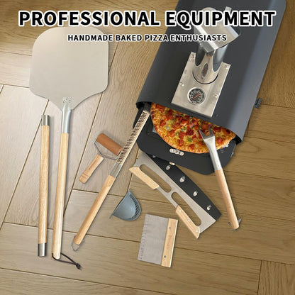 The 7-piece pizza oven accessory set is perfect for making pizza. Comprises a pizza shovel, an oven brush, a bubble Popper deformer, a rocking knife, a silica gel clamp, a dough roller and a scraper.