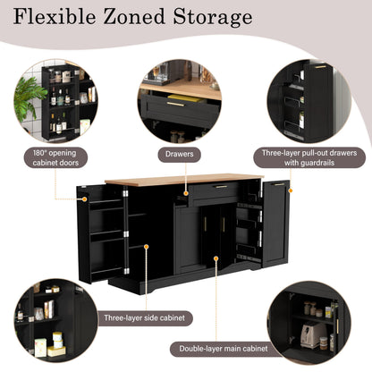Amposei Kitchen Sideboard Storage Cabinet 54’’ Wooden Credenza Buffet Coffee Bar Cabinet with Drawers, Adjustable Shelves for Living Room Dining, Black