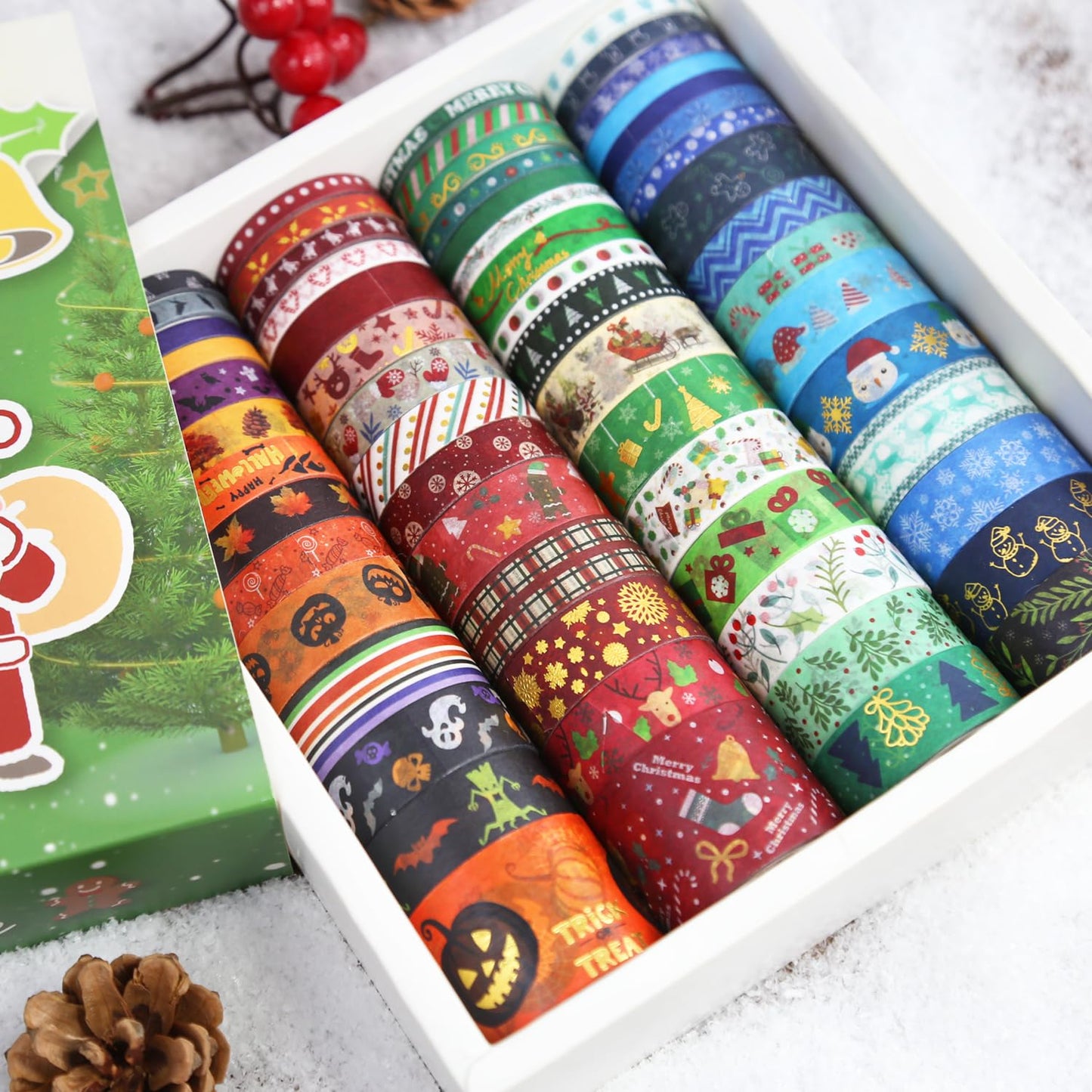 NIKOMIE 60 Rolls Holiday Washi Tape Set,4 Sizes Decorative Masking Tape Christmas Thanksgiving Fall Halloween Winter Washi Tape for Journaling Supplies Scrapbook Journal Bullet