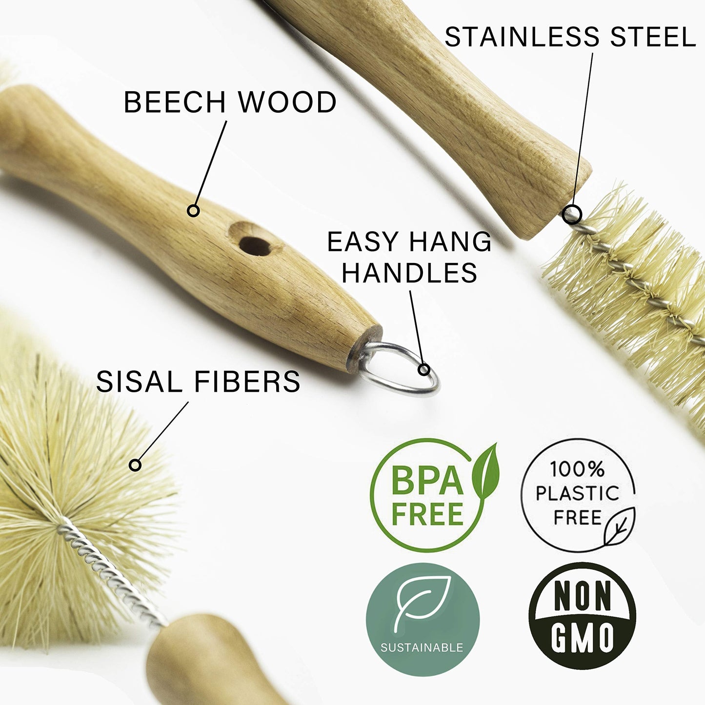 All Natural Bottle Brush and Straw Set (NO Plastic) Sisal Bristles and Wood Handle Bottle Cleaners for Washing Narrow Beer Bottles, Sports/Water Bottles, Tumbler, Kettles, Lid Brush, Long Straw Brush
