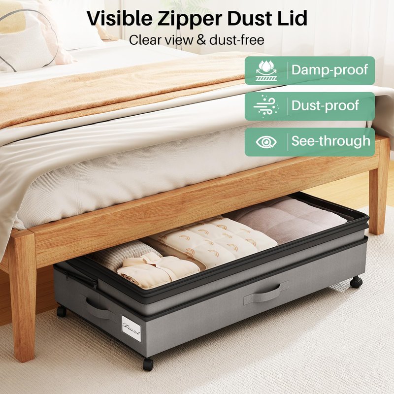 Kitstorack Under Bed Storage with Wheels 2Pack Height-adjustable Under Bed Storage Containers,Under Bed Shoe Storage Organizer with Clear Window&Label, Suitable for Clothes Storage, Gray