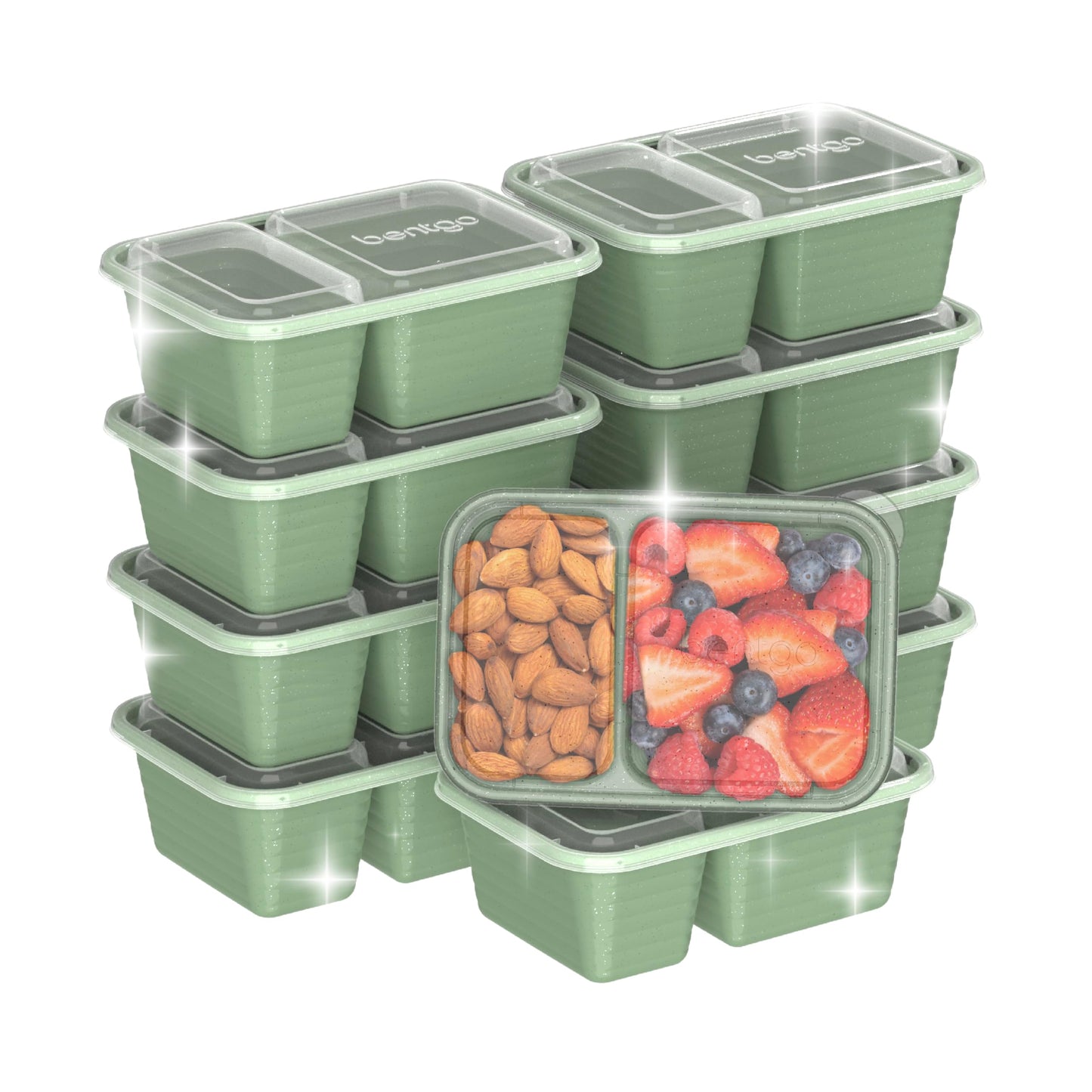 Bentgo Prep - 2-Compartment Snack Containers with Lids - Reusable, Microwaveable, Durable, PFAS & BPA-Free, Freezer, & Dishwasher-Safe Meal Prep Food Storage - 10 Trays & 10 Lids (Basil Glitter)