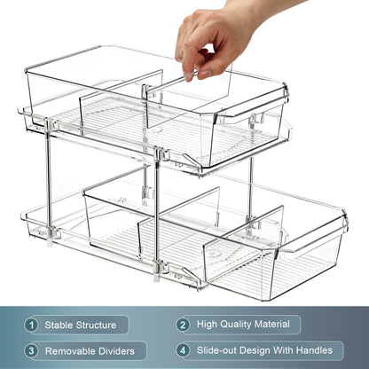 2 Set, 2 Tier Clear Organizer with Dividers for Cabinet, Shlef, Counter - MultiUse Slide-Out Storage Container - Kitchen, Pantry, Medicine Cupboard Bins, Bathroom, Vanity Makeup, Under Sink Organizing