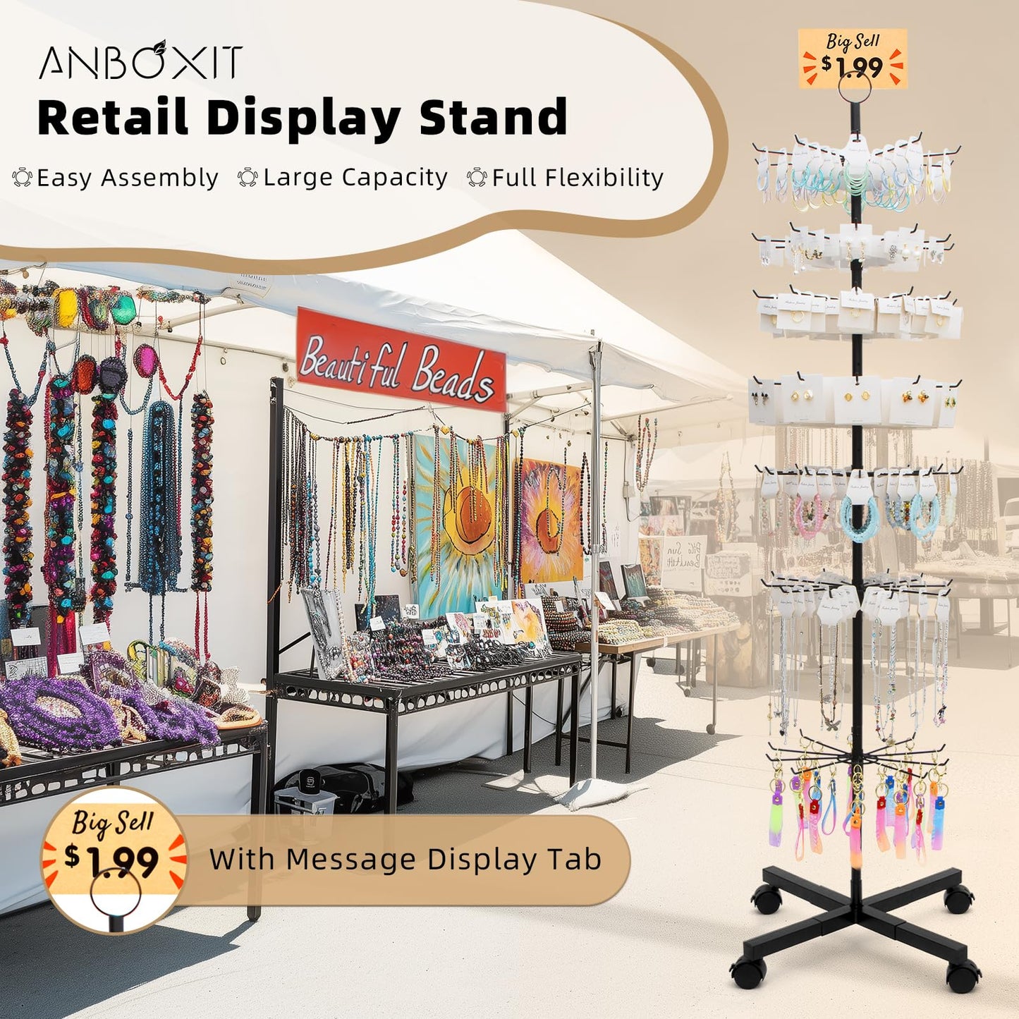 ANBOXIT Retail Display Stand, Rotating Display Rack for Earring Keychains Jewelry Vendor Events & Stores, 7 Tier Movable and Adjustable 1 PCS - Black