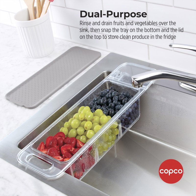 Copco Over the Sink Colander and Fridge Storage Bin with Folding Handle for Rinsing and Storing Fruits and Vegetables, Clear/Gray