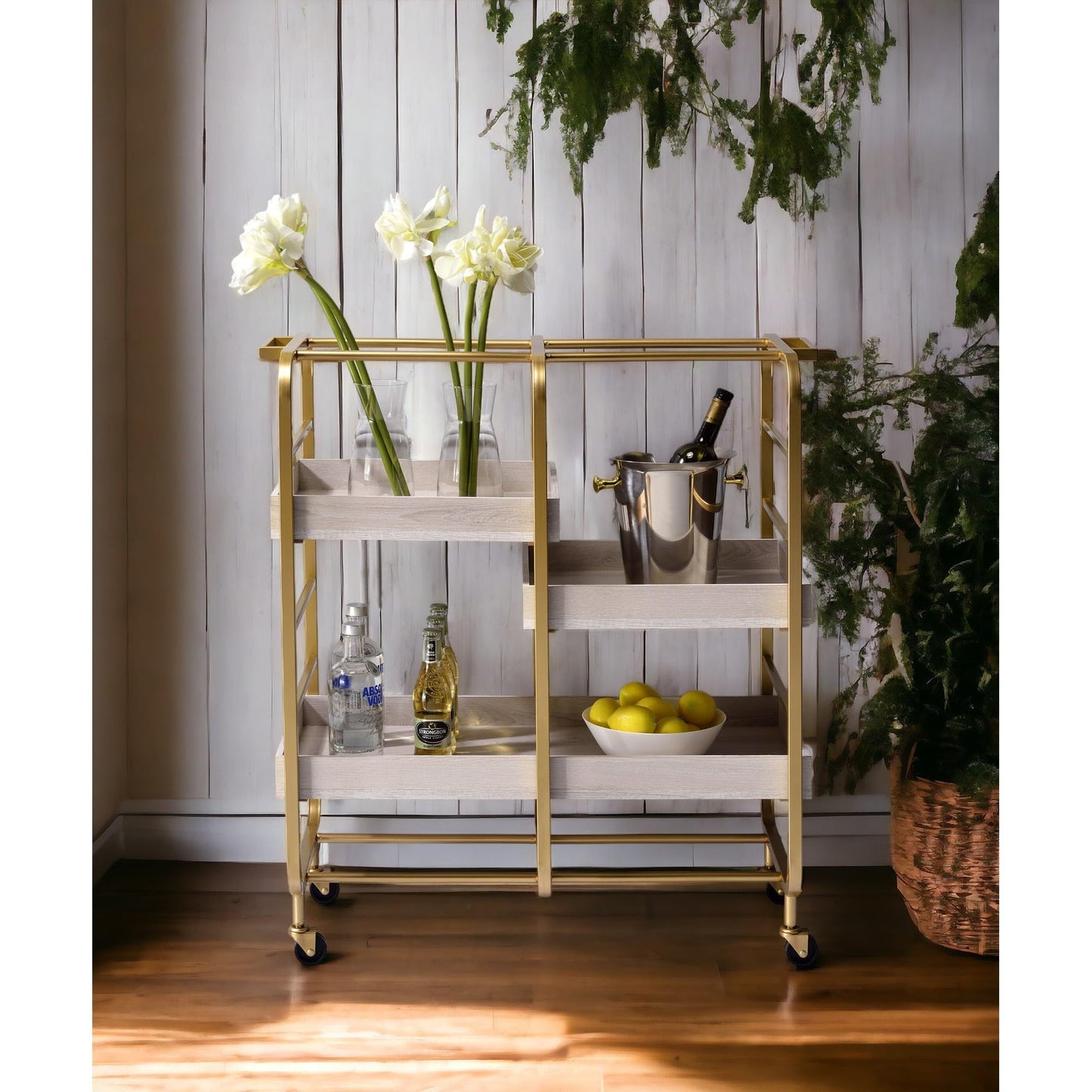 roomfitters Vorrik Gold and White Washed Serving Cart, Glamorous 3-Tier Hollywood Regency Rolling Trolley, 3 Adjustable White Washed Wood Trays