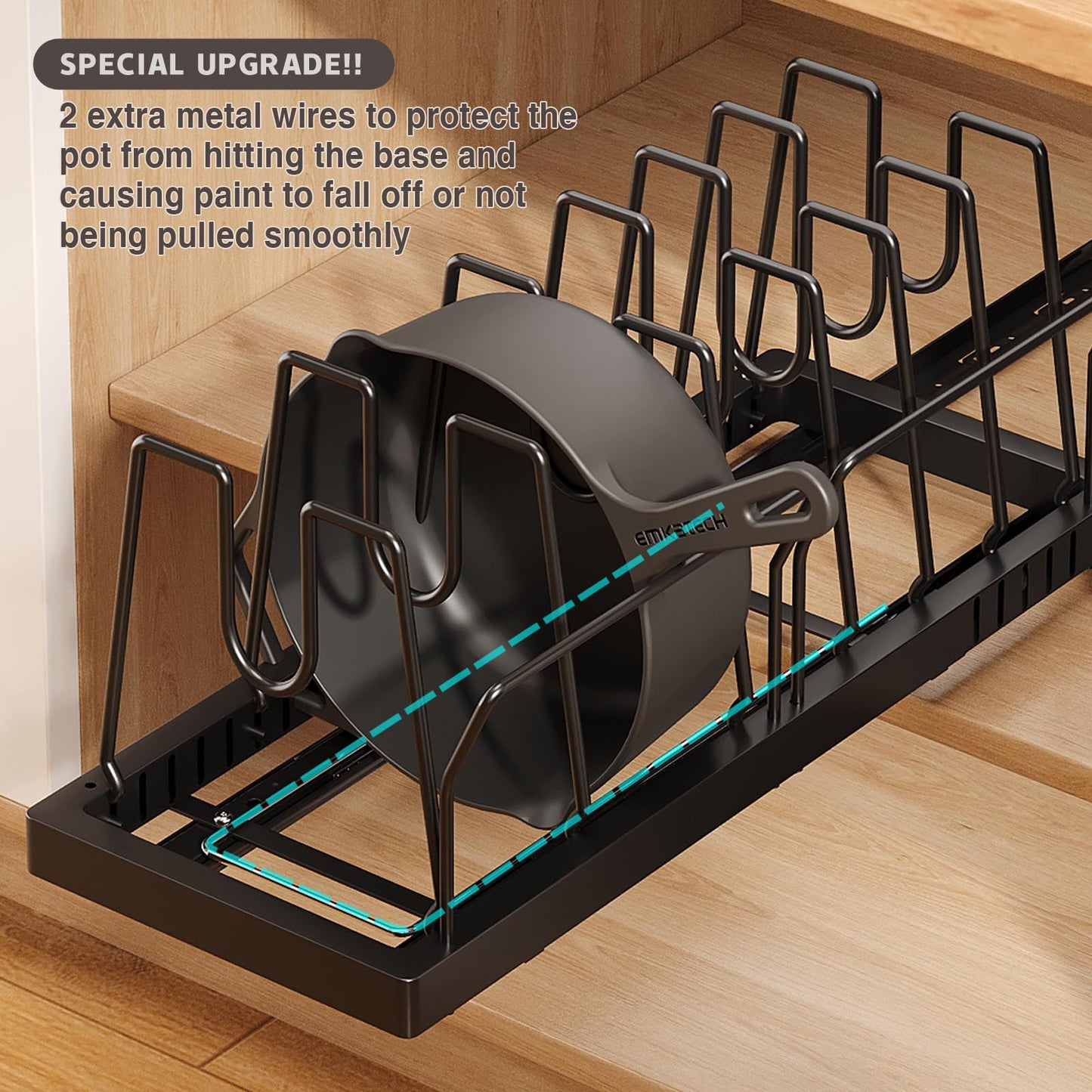 Magheo Pots and Pans Organizer Under Cabinet, 22" Deep Expandable Pull Out Pot Lid Organizer and Storage with 10 Adjustable Dividers No Drill Pot and Pan Holder Rack with Handle Bracket(1 Pack,Black)