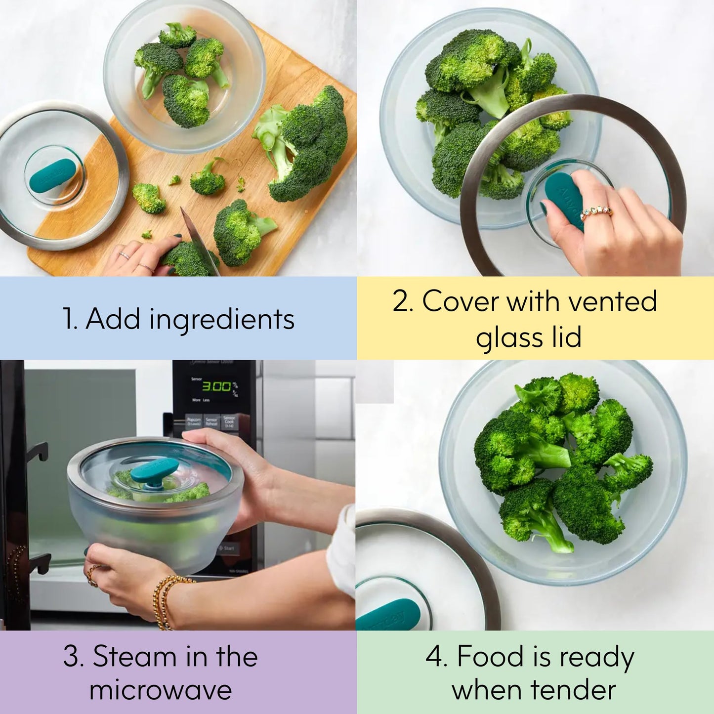 Anyday 7-Cup Glass Microwave Steamer for Vegetables – BPA-Free Glass Vegetable Steamer Bowl with Vented Lid, Healthy Microwave Cooking Container for Broccoli, Veggies, Meal Prep (Clear Black Sesame)