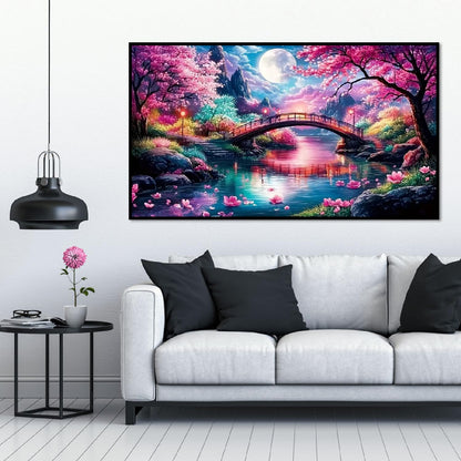 pchmcu 5D Large Diamond Painting,Cherry Scenery with Moon Bridge Extra Large Diamond Art Kits for Adults,DIY Round Full Drill Crystal Rhinestone Arts and Crafts Home Wall Decor 27.5 X 15.7inch