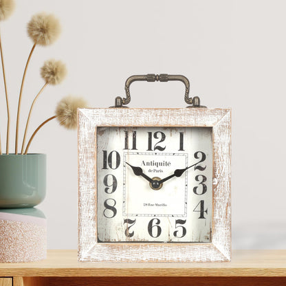 BITALYE Retro Desk Clock, White Vintage Wooden Table Clock,