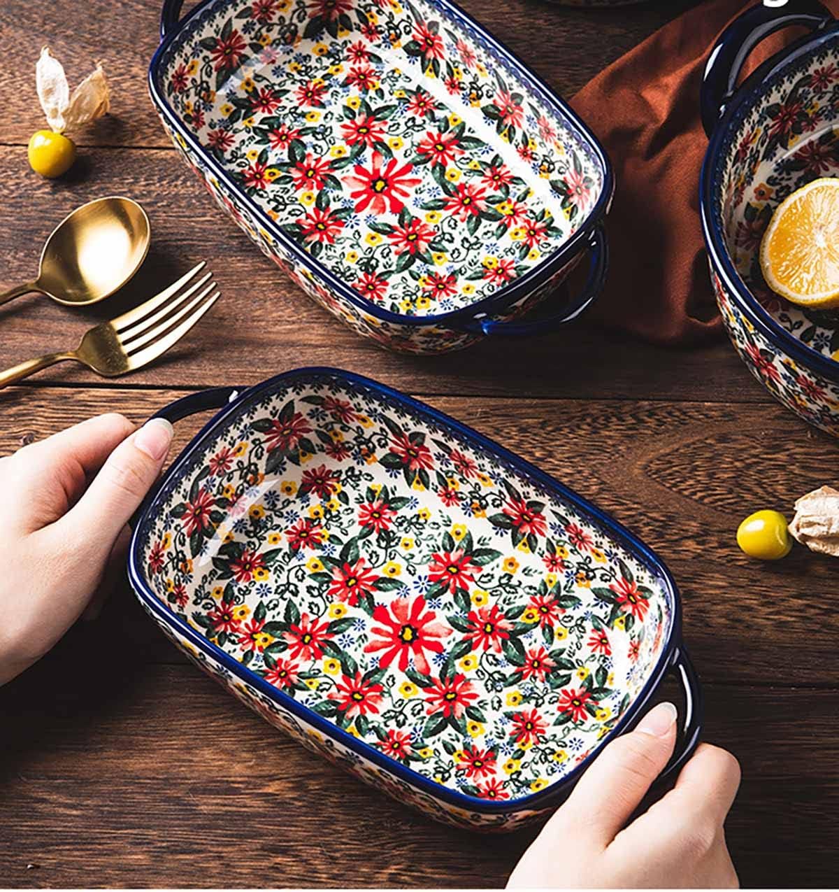 Red Daisy Flower Vintage Style Ceramic Bakeware Casserole Dish Baking Pan with Handles