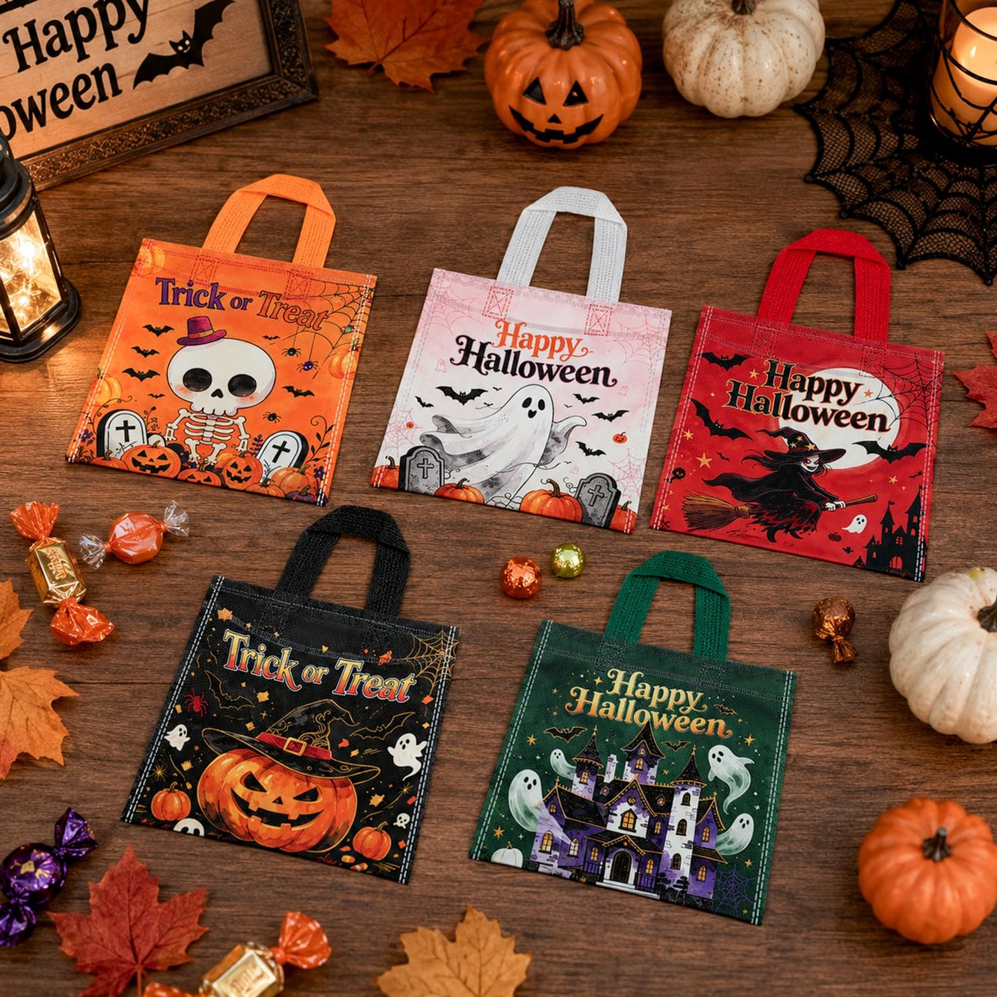 24Pcs Halloween Non-Woven Trick or Treat Candy Bags, Small 8.3×8.7 Inch Reusable Treat Gift Totes with Sturdy Handles, Cute Ghost Pumpkin Skeleton Witch Haunted House Prints for Kids Halloween Party Favor Supplies