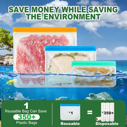 10 Pack Reusable Ziplock Bags, 3 Large Food Storage Gallon Bags, 4 Reusable Sandwich Bags, 3 Snack Bags for Meal Prep