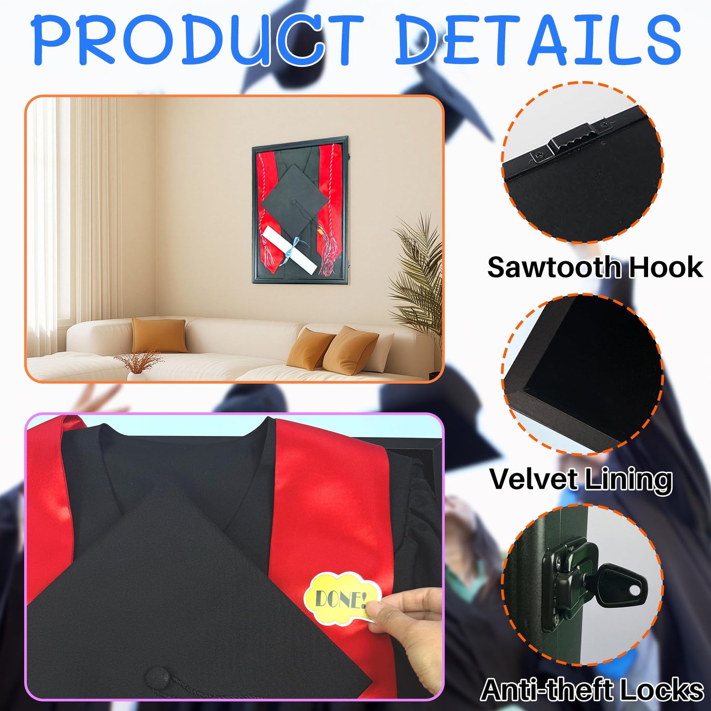 Graduation Shadow Box Frame 17"x23" Graduation Gown Display Wood Case with Velvet Back for Cap Gown Diploma Stole Cords Awards Medals Photos Pictures,Black