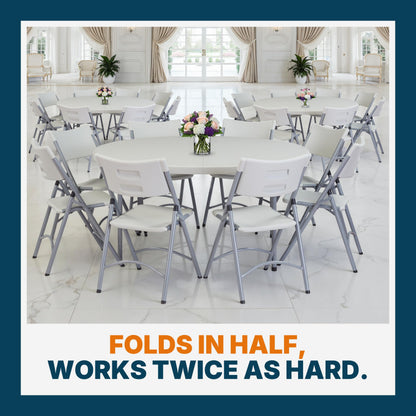 OEF Furnishings OEFCMFIH60R Commercial-Grade Premium Industrial Fold-in-Half Blow-Molded Folding Table with 19-Gauge Steel Frame and Thick Top (60" Diameter, Speckled Gray Top)