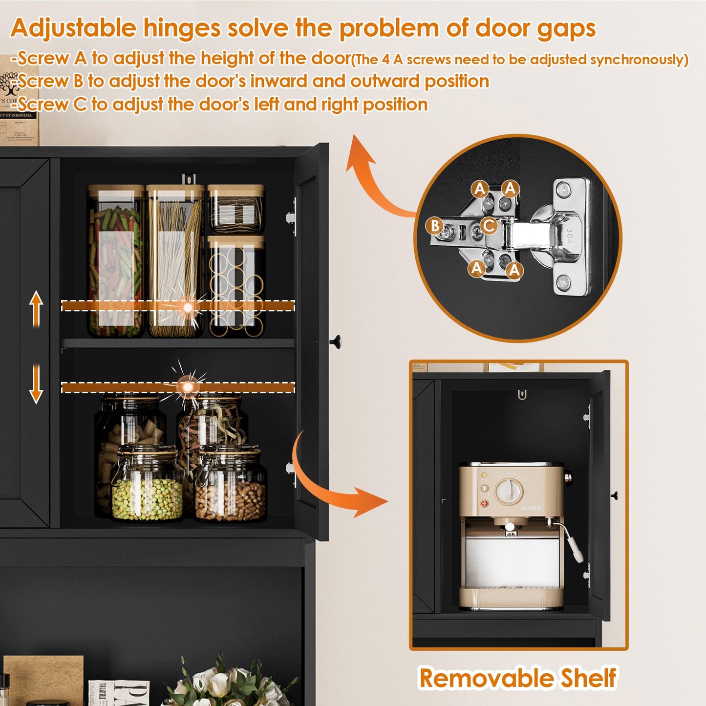 BOTLOG 72" Kitchen Pantry Cabinet, Kitchen Hutch with Microwave Stand, Buffet Cabinet with Hutch for Dining Room, Black