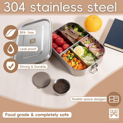GOLDEN KEY 47QZ Stainless Steel Bento Box with 5 Compartments,1400ml Large & Thickened Metal Lunch Box for Kids or Adults,Eco-friendly Leak-Proof Container with Lockable Clips