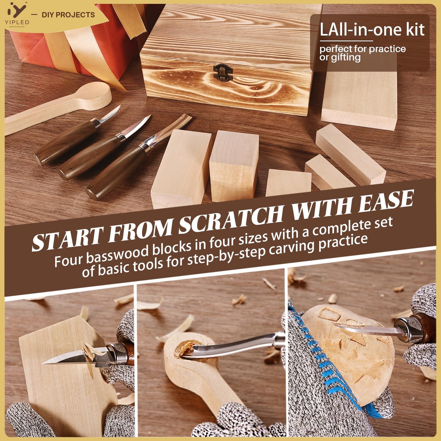 Wood Carving Kit for Beginners, Wood Carving Tools with 3Pcs Whittling Knife 7Pcs Basswood Carving Blocks, Grade 5 Anti Cutting Gloves, Leather Strop, Polishing Compound, Entry-Level Carving Gift Set
