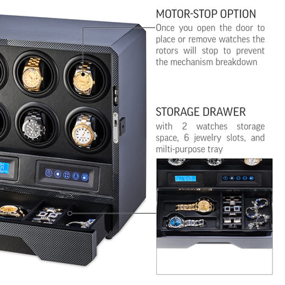 6 Watch Winder with LED Light, LCD Display and Storage Drawer (Carbon)
