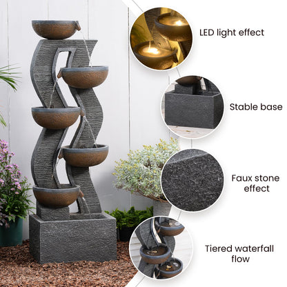 Takamota 52.8" Tall Outdoor Water Fountain with Lights, 6-Tier Cascading Resin Waterfall Feature for Porch, Garden, Yard, Deck, Patio – Large Freestanding Outdoor Fountain and Waterfall Outside Decor