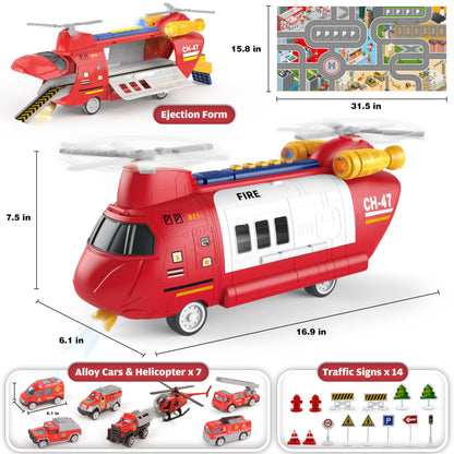 Transport Airplane Toy with 7 Rescue Vehicles/helicopter,1 Play Mat,14 Road Signs,Dual Form Airplane Toy Set with Lights and Sounds,Automatic Propellers, Cars Ejection, Gift for Boys and Girls Age 3+